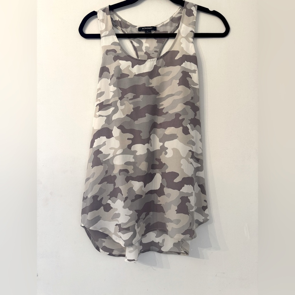 Acrobat large gray and cream camo print racer back 100% silk tank